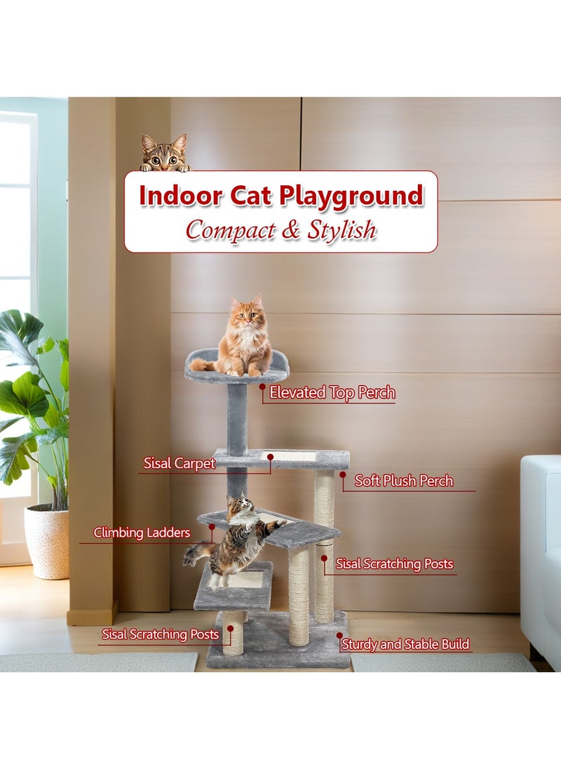 Cat tree with Climbing ladders, Cover with Soft plush fabric, and Durable, Indoor cat playground for all size breeds, Activity tower with Top perch, Sisal carpets, and Scratching posts, 102 cm (Grey)