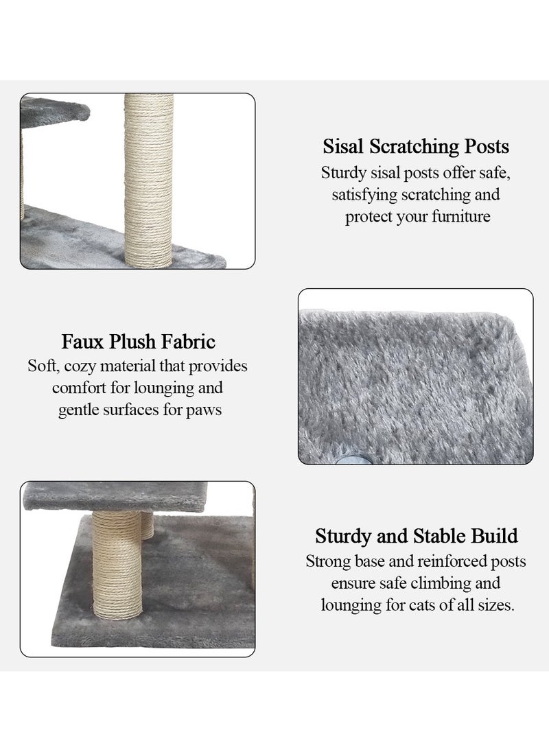 Cat tree with Climbing ladders, Cover with Soft plush fabric, and Durable, Indoor cat playground for all size breeds, Activity tower with Top perch, Sisal carpets, and Scratching posts, 102 cm (Grey)