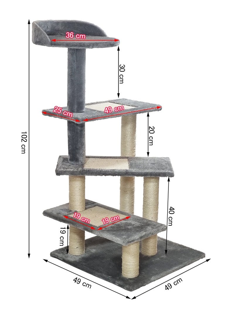 Cat tree with Climbing ladders, Cover with Soft plush fabric, and Durable, Indoor cat playground for all size breeds, Activity tower with Top perch, Sisal carpets, and Scratching posts, 102 cm (Grey)