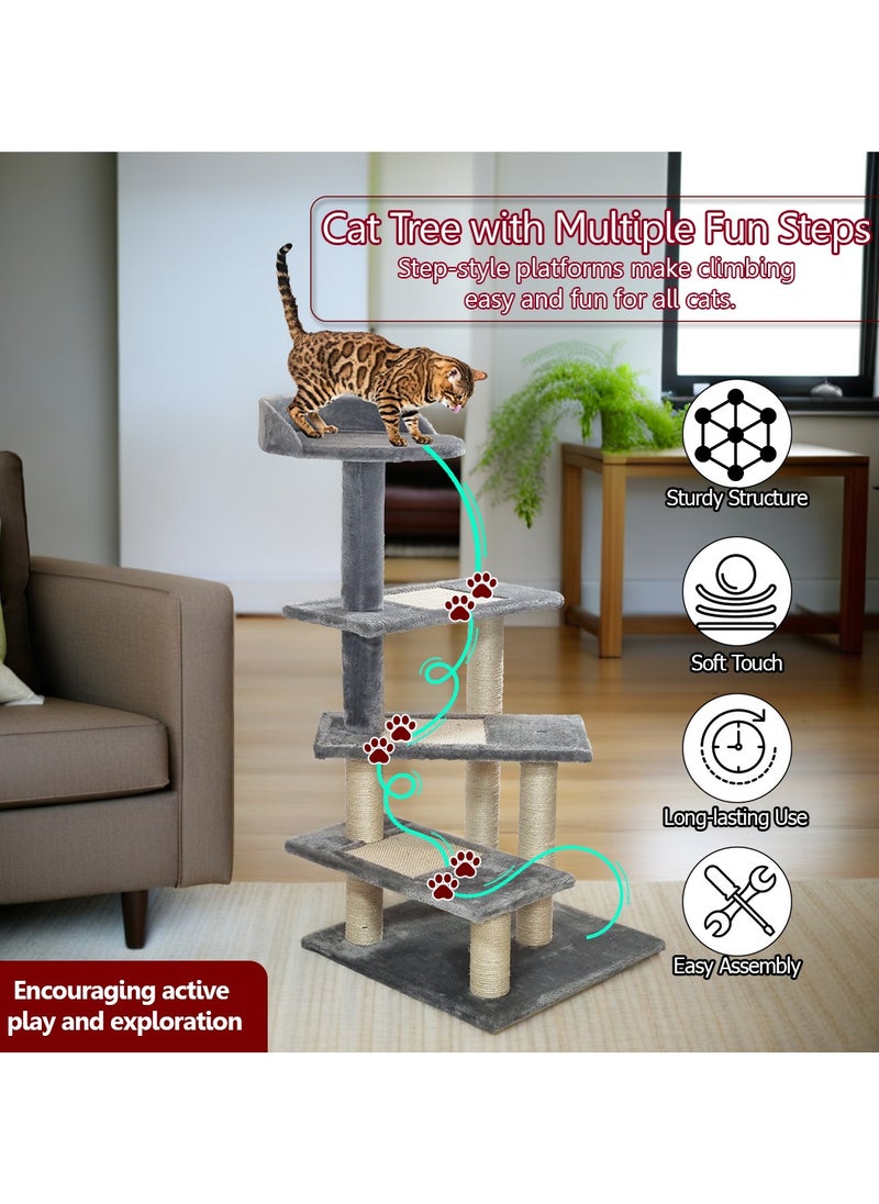 Cat tree with Climbing ladders, Cover with Soft plush fabric, and Durable, Indoor cat playground for all size breeds, Activity tower with Top perch, Sisal carpets, and Scratching posts, 102 cm (Grey)