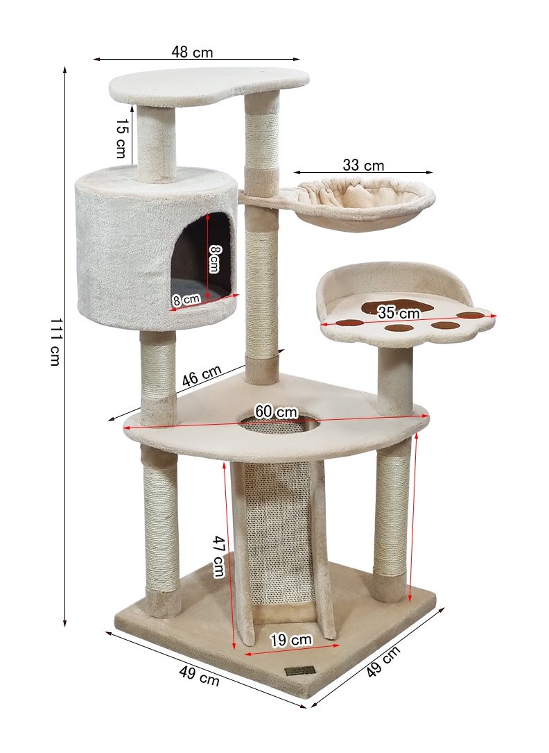 Multi-level cat tree with Top perch, Cozy condo, Soft hammock, and Paw shape perch, Indoor cat playground with Sisal ladder, Sisal scratching posts, and for all size breeds, 111 cm Cat tower (Beige)