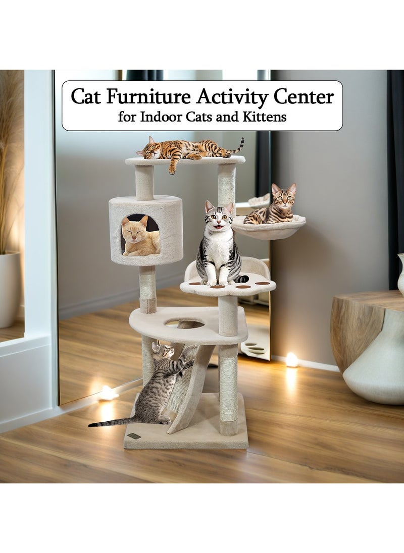 Multi-level cat tree with Top perch, Cozy condo, Soft hammock, and Paw shape perch, Indoor cat playground with Sisal ladder, Sisal scratching posts, and for all size breeds, 111 cm Cat tower (Beige)