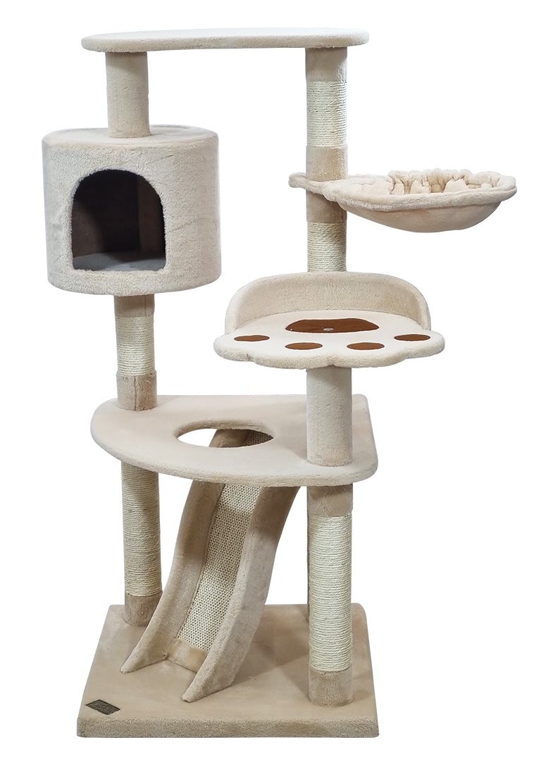 Multi-level cat tree with Top perch, Cozy condo, Soft hammock, and Paw shape perch, Indoor cat playground with Sisal ladder, Sisal scratching posts, and for all size breeds, 111 cm Cat tower (Beige)