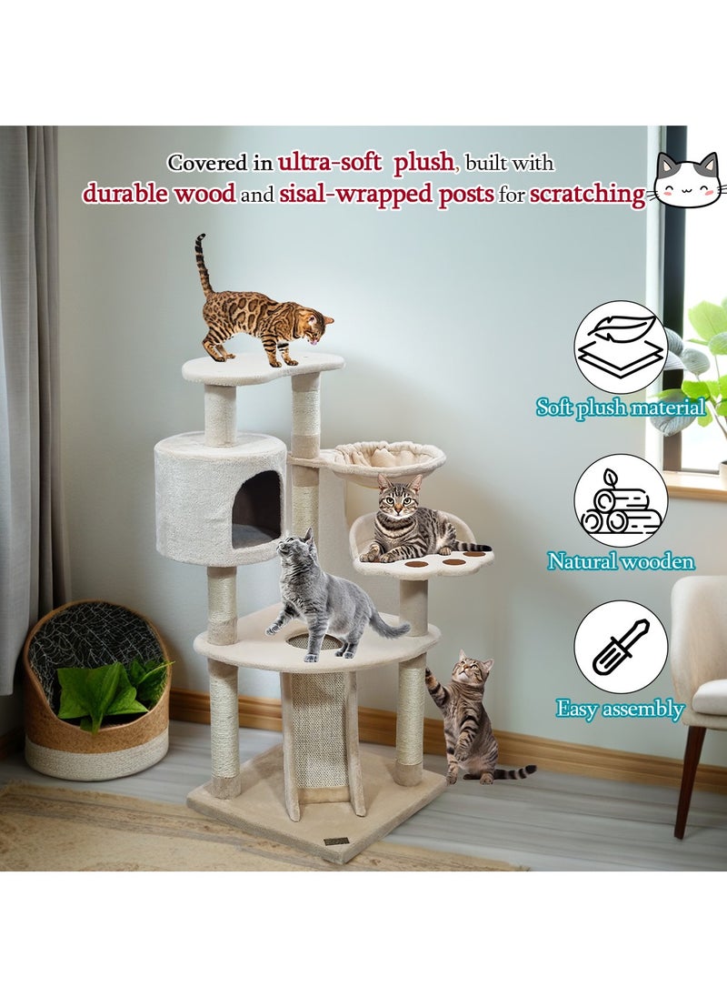 Multi-level cat tree with Top perch, Cozy condo, Soft hammock, and Paw shape perch, Indoor cat playground with Sisal ladder, Sisal scratching posts, and for all size breeds, 111 cm Cat tower (Beige)