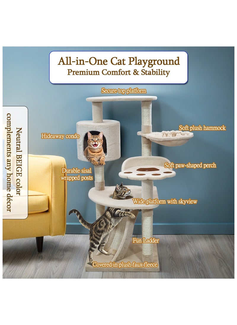 Multi-level cat tree with Top perch, Cozy condo, Soft hammock, and Paw shape perch, Indoor cat playground with Sisal ladder, Sisal scratching posts, and for all size breeds, 111 cm Cat tower (Beige)