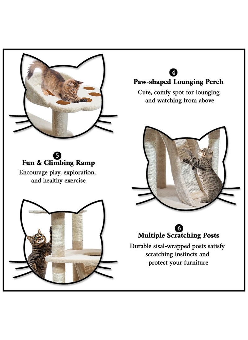 Multi-level cat tree with Top perch, Cozy condo, Soft hammock, and Paw shape perch, Indoor cat playground with Sisal ladder, Sisal scratching posts, and for all size breeds, 111 cm Cat tower (Beige)