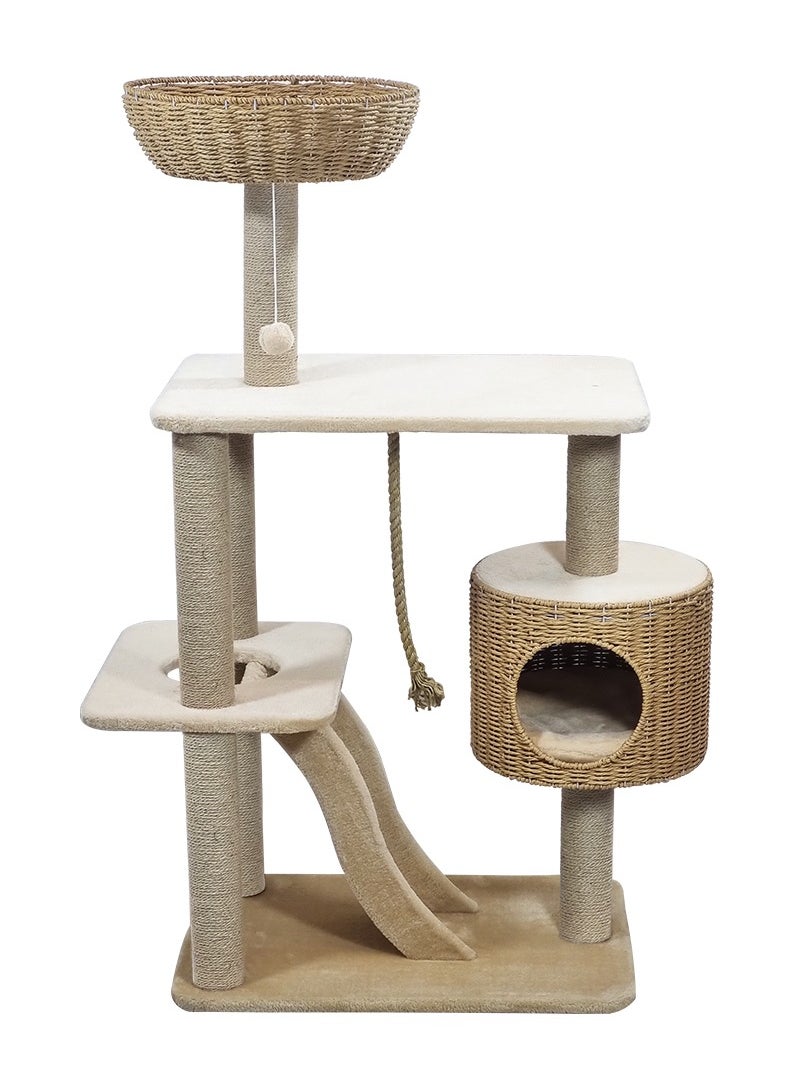 Modern cat tree tower with Durable sisal rope, dangling ball, and Top perch with hand-woven, Indoor cat playground with Hideaway condo, Wide platform, scratching posts, and Fun ladder, 126 cm (Beige)