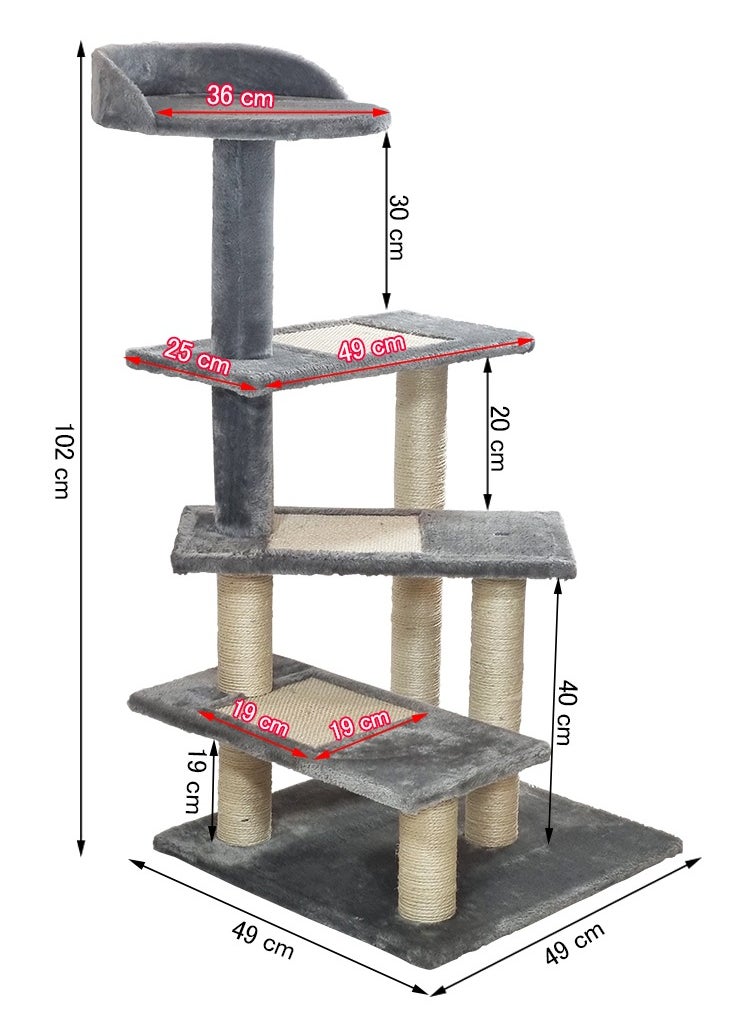 Cat tree with Climbing ladders, Cover with Soft plush fabric, and Durable, Indoor cat playground for all size breeds, Activity tower with Top perch, Sisal carpets, and Scratching posts, 102 cm (Grey)