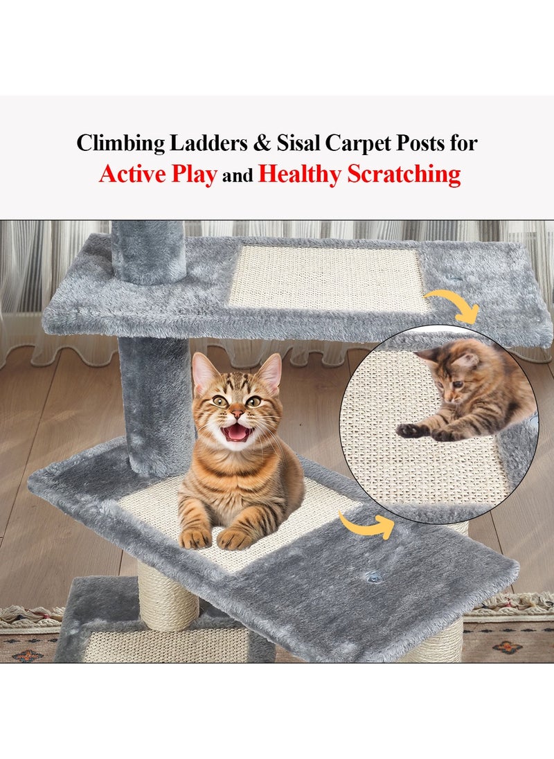 Cat tree with Climbing ladders, Cover with Soft plush fabric, and Durable, Indoor cat playground for all size breeds, Activity tower with Top perch, Sisal carpets, and Scratching posts, 102 cm (Grey)