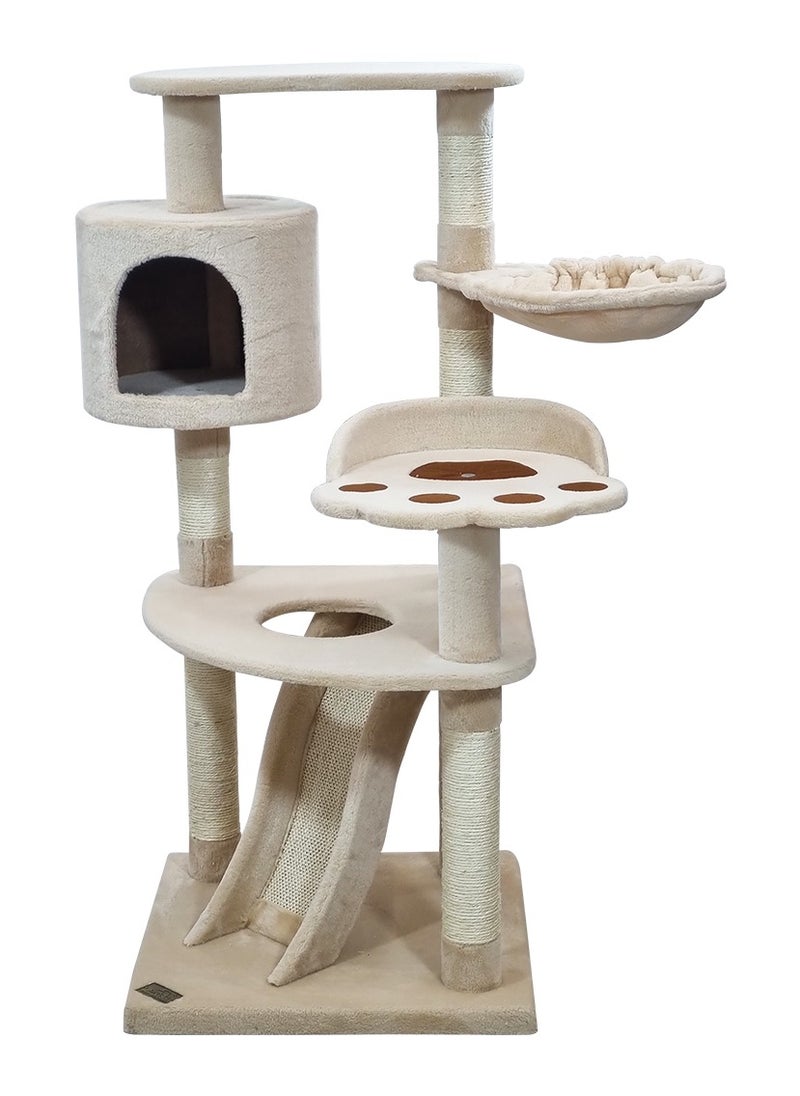 Multi-level cat tree with Top perch, Cozy condo, Soft hammock, and Paw shape perch, Indoor cat playground with Sisal ladder, Sisal scratching posts, and for all size breeds, 111 cm (Beige)
