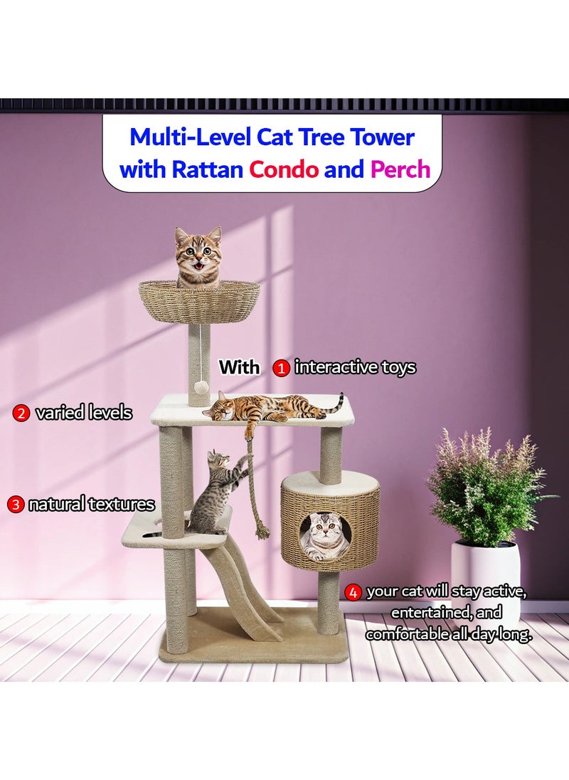 Modern cat tree tower with Durable sisal rope, dangling ball, and Top perch with hand-woven, Indoor cat playground with Hideaway condo, Wide platform, scratching posts, and Fun ladder, 126 cm (Beige)