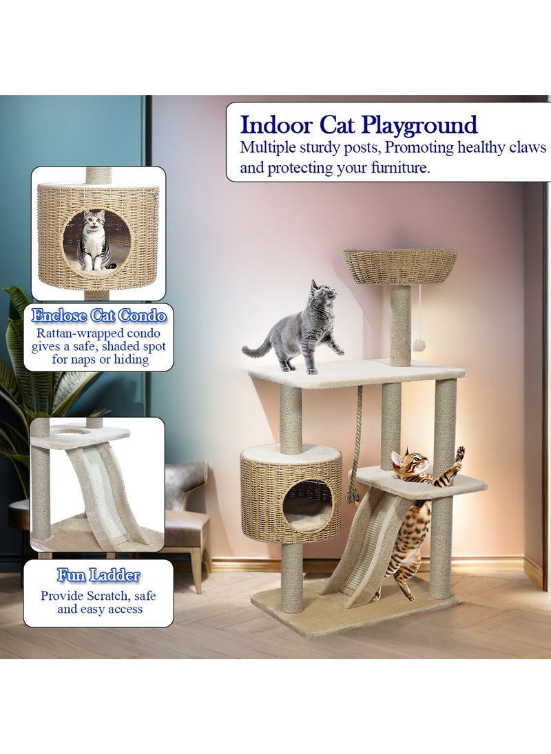 Modern cat tree tower with Durable sisal rope, dangling ball, and Top perch with hand-woven, Indoor cat playground with Hideaway condo, Wide platform, scratching posts, and Fun ladder, 126 cm (Beige)