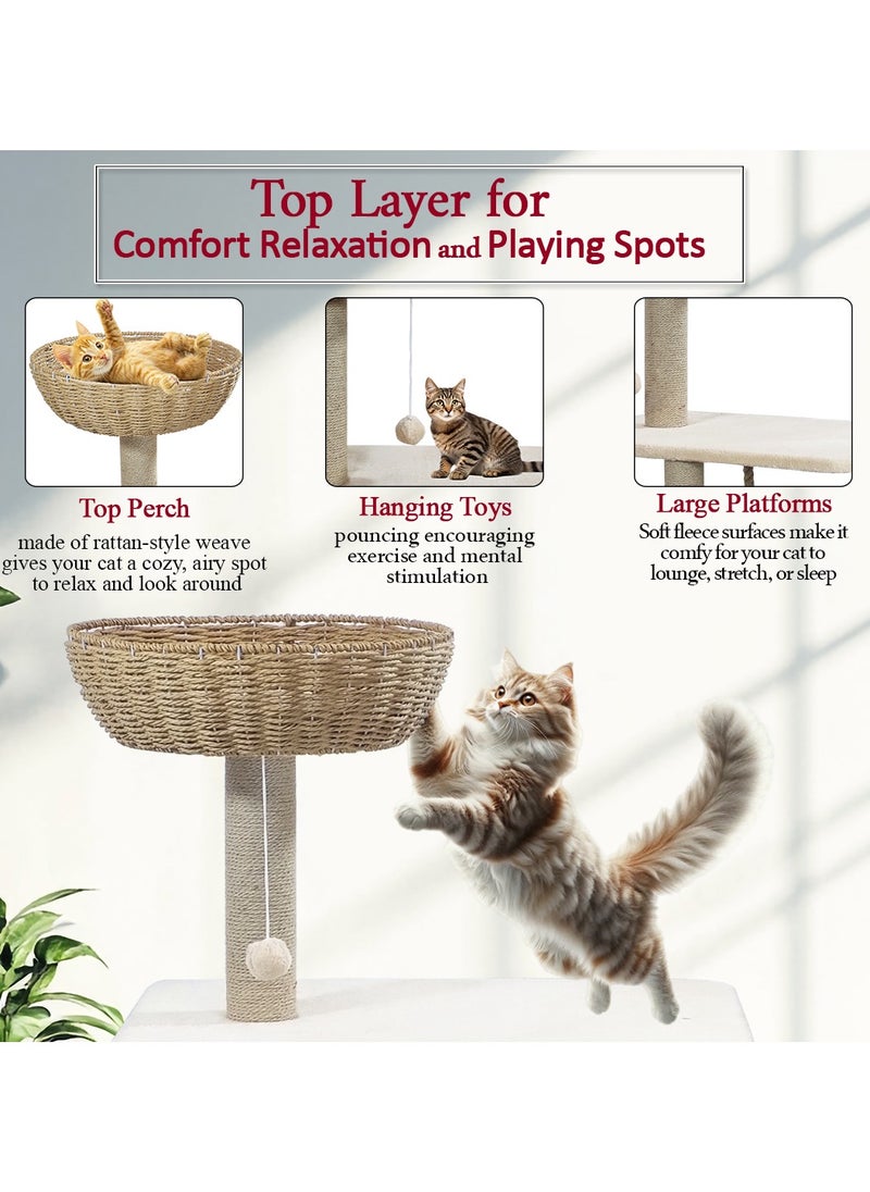 Modern cat tree tower with Durable sisal rope, dangling ball, and Top perch with hand-woven, Indoor cat playground with Hideaway condo, Wide platform, scratching posts, and Fun ladder, 126 cm (Beige)