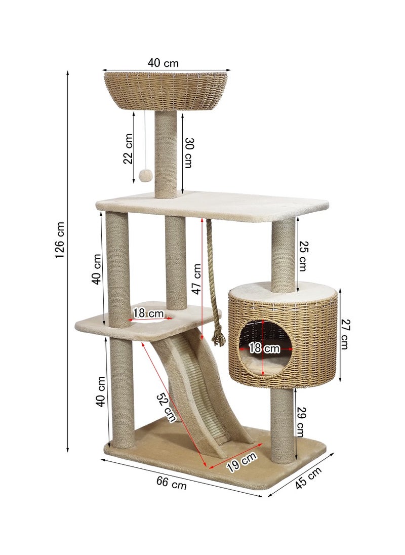 Modern cat tree tower with Durable sisal rope, dangling ball, and Top perch with hand-woven, Indoor cat playground with Hideaway condo, Wide platform, scratching posts, and Fun ladder, 126 cm (Beige)