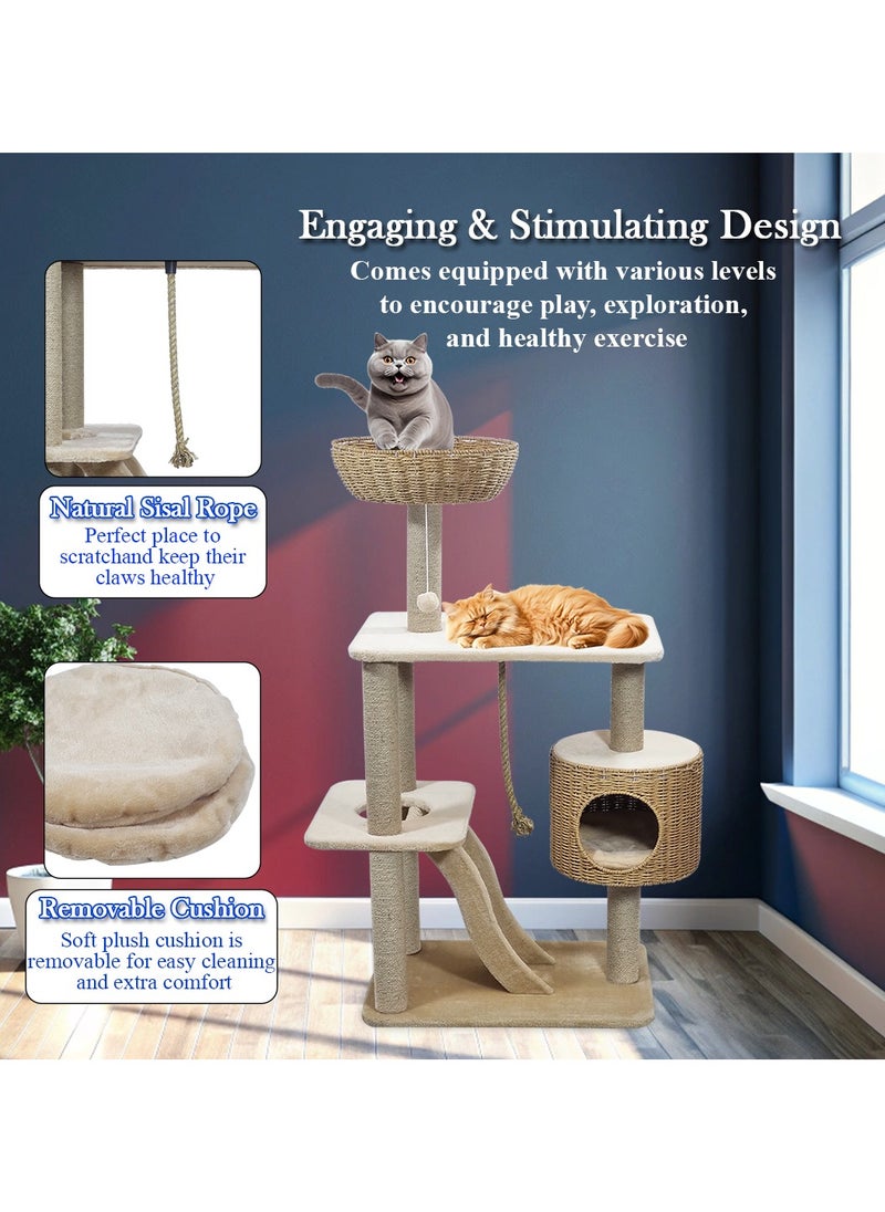 Modern cat tree tower with Durable sisal rope, dangling ball, and Top perch with hand-woven, Indoor cat playground with Hideaway condo, Wide platform, scratching posts, and Fun ladder, 126 cm (Beige)