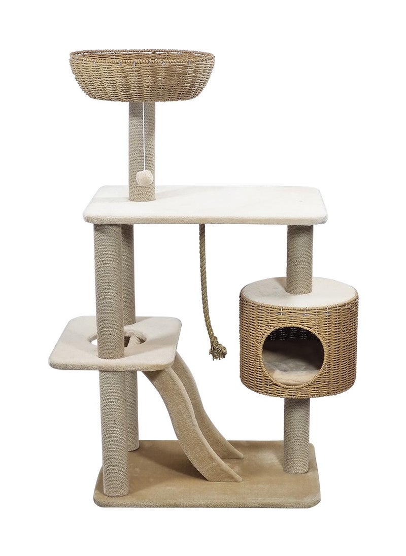 Modern cat tree tower with Durable sisal rope, dangling ball, and Top perch with hand-woven, Indoor cat playground with Hideaway condo, Wide platform, scratching posts, and Fun ladder, 126 cm (Beige)