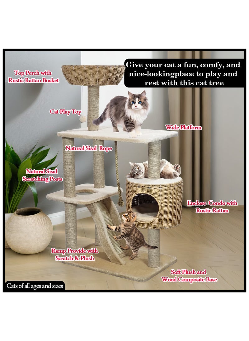 Modern cat tree tower with Durable sisal rope, dangling ball, and Top perch with hand-woven, Indoor cat playground with Hideaway condo, Wide platform, scratching posts, and Fun ladder, 126 cm (Beige)