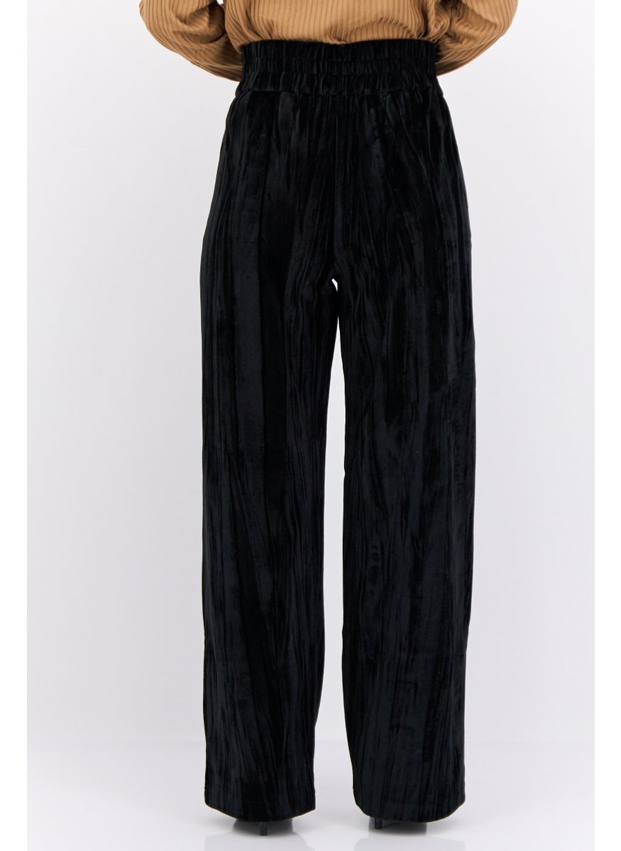 Women Regular Fit Textured Straight Leg Pants, Black