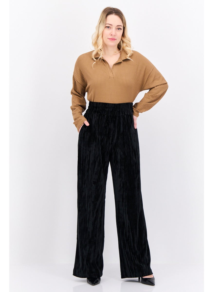 Women Regular Fit Textured Straight Leg Pants, Black