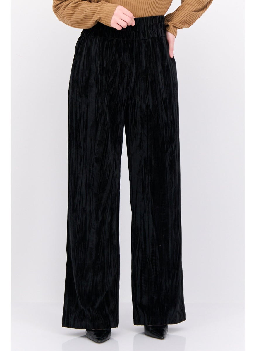 Women Regular Fit Textured Straight Leg Pants, Black