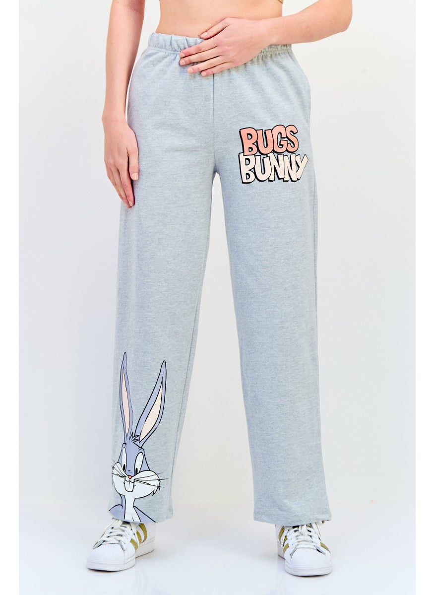 Women Looney Tunes Print Drawstring Jogger Pants, Grey
