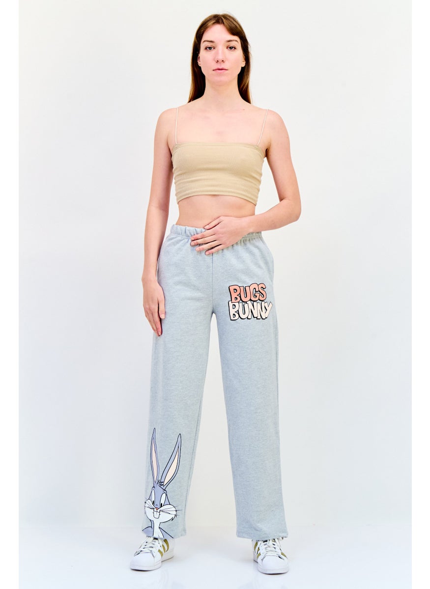Women Looney Tunes Print Drawstring Jogger Pants, Grey