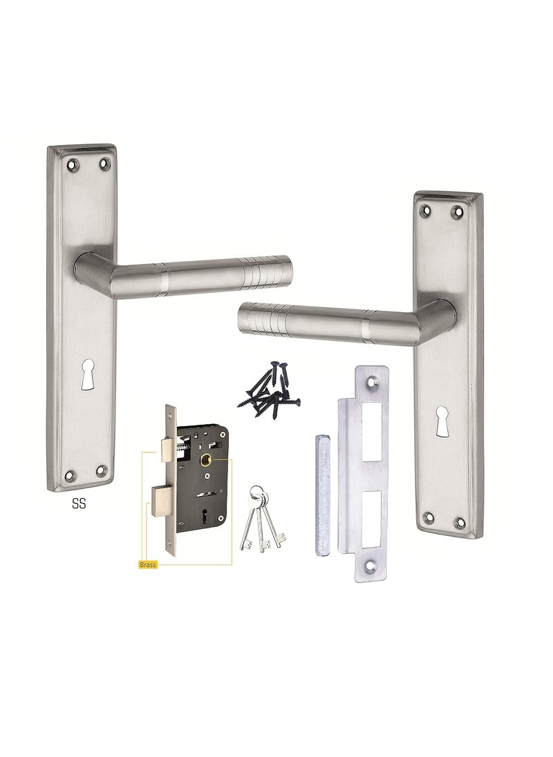 Chitra Stainless Steel 304 Grade CSS1001KY Mortise Door Handle Lock Set with Double Stage Lock and 3 Keys 8 Inch Silver