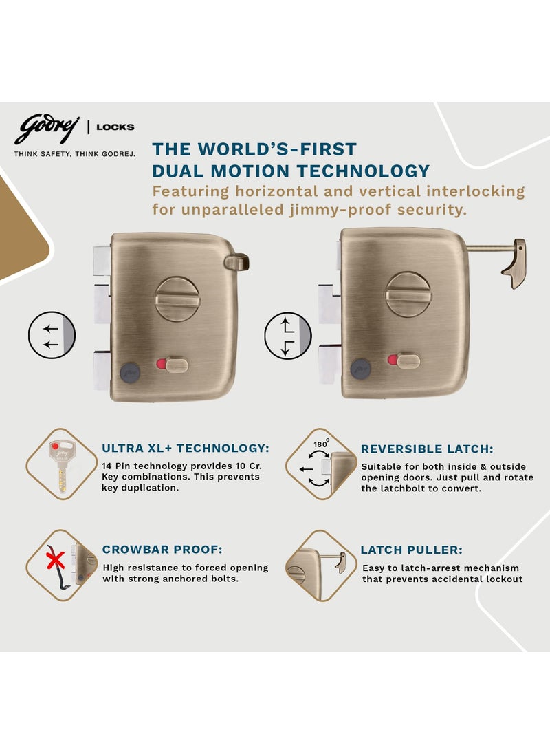 Godrej Centaur Rim Lock I Worlds 1st Dual Motion Lock Ultra XL Technology 4 Keys I 1CK Latch Lock for Main Safety Door I Suitable for Single Double Wooden Door I Antique Brass Finish