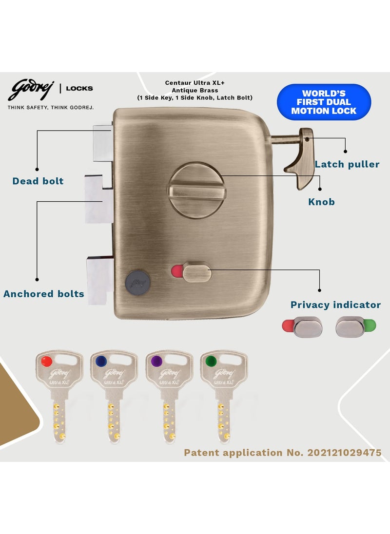 Godrej Centaur Rim Lock I Worlds 1st Dual Motion Lock Ultra XL Technology 4 Keys I 1CK Latch Lock for Main Safety Door I Suitable for Single Double Wooden Door I Antique Brass Finish