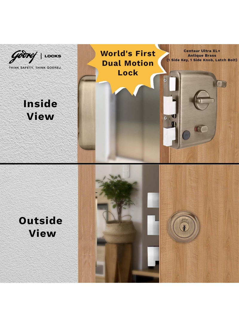 Godrej Centaur Rim Lock I Worlds 1st Dual Motion Lock Ultra XL Technology 4 Keys I 1CK Latch Lock for Main Safety Door I Suitable for Single Double Wooden Door I Antique Brass Finish