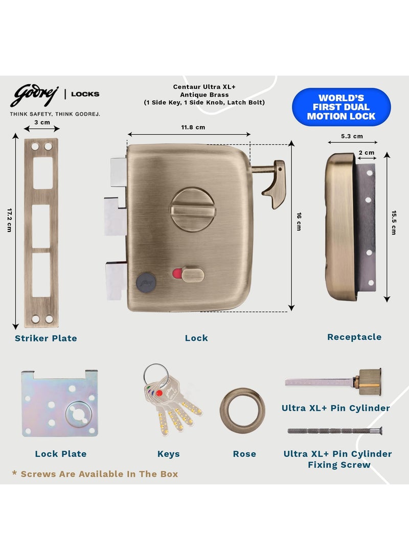 Godrej Centaur Rim Lock I Worlds 1st Dual Motion Lock Ultra XL Technology 4 Keys I 1CK Latch Lock for Main Safety Door I Suitable for Single Double Wooden Door I Antique Brass Finish