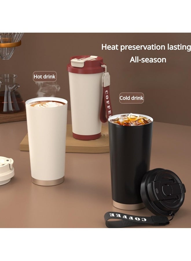 Stainless steel large capacity coffee cup thermos cup, ceramic coating inner liner 18oz, With Leakproof Lid and Flip Straw, hidden straw with rope, suitable for home, office, car travel (White)