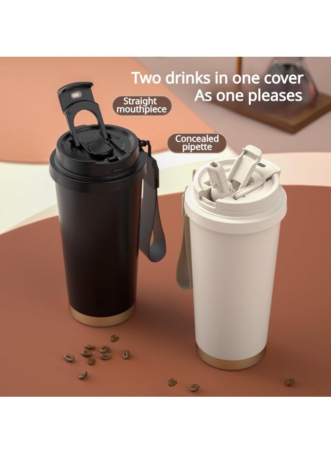 Stainless steel large capacity coffee cup thermos cup, ceramic coating inner liner 18oz, With Leakproof Lid and Flip Straw, hidden straw with rope, suitable for home, office, car travel (White)