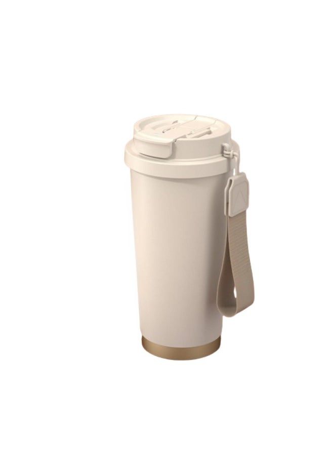 Stainless steel large capacity coffee cup thermos cup, ceramic coating inner liner 18oz, With Leakproof Lid and Flip Straw, hidden straw with rope, suitable for home, office, car travel (White)