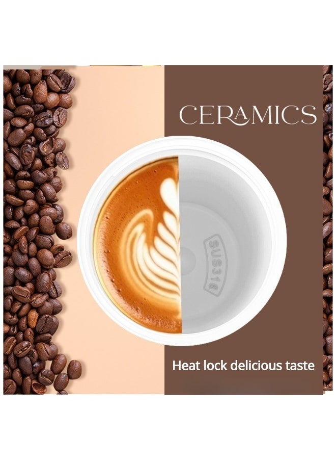 Stainless steel large capacity coffee cup thermos cup, ceramic coating inner liner 18oz, With Leakproof Lid and Flip Straw, hidden straw with rope, suitable for home, office, car travel (White)