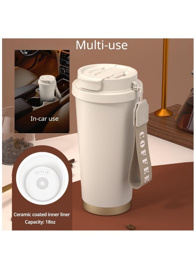 Stainless steel large capacity coffee cup thermos cup, ceramic coating inner liner 18oz, With Leakproof Lid and Flip Straw, hidden straw with rope, suitable for home, office, car travel (White)