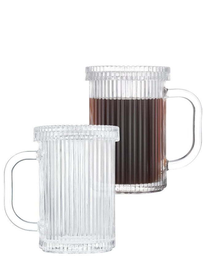 Glass Coffee Mugs Clear Mug - 14 Oz Ribbed, Classical Vertical Stripes Tea Cups With Lids Set of 2 - Perfect for Latte,Cappuccino,Hot Chocolate Juice