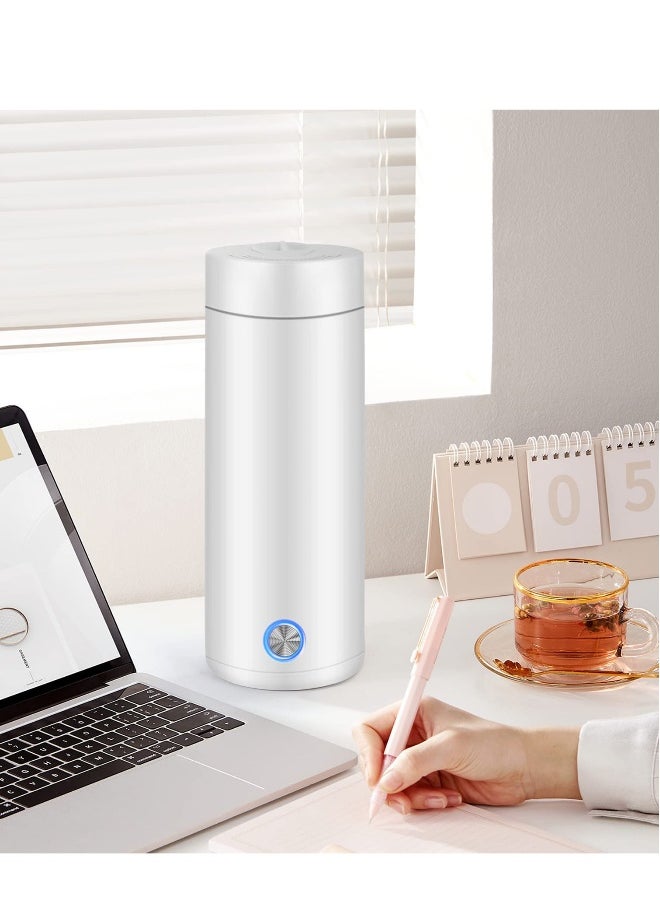 Portable Electric Kettle, 400ml Travel Tea Kettle with Non-stick Coating Double Wall Water Boiler Bottle Insulated Coffee Thermos Mug Fast Boil and Auto Shut Off Hot Water Heater (White)
