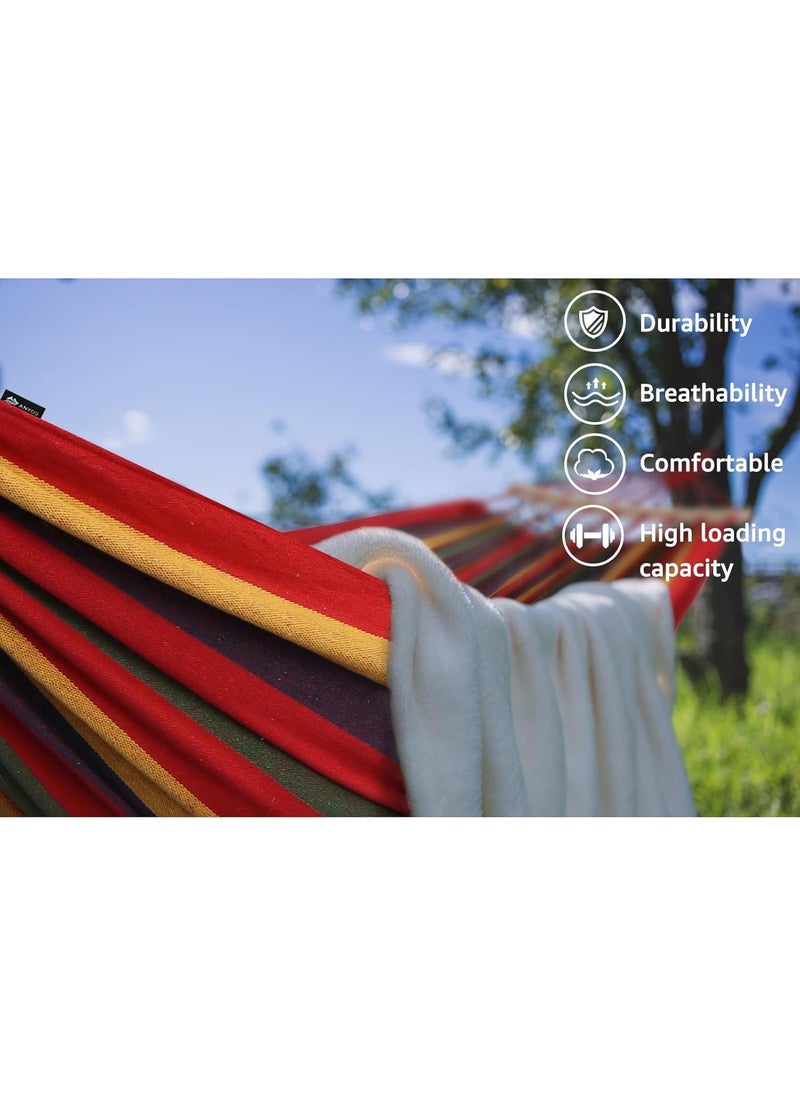 Single Camping Hammock Durable Canvas Fabric with Two Anti Roll Balance Beam and Sturdy Metal Knot Tree Straps for Backpacking Travel Beach Backyard etc Red
