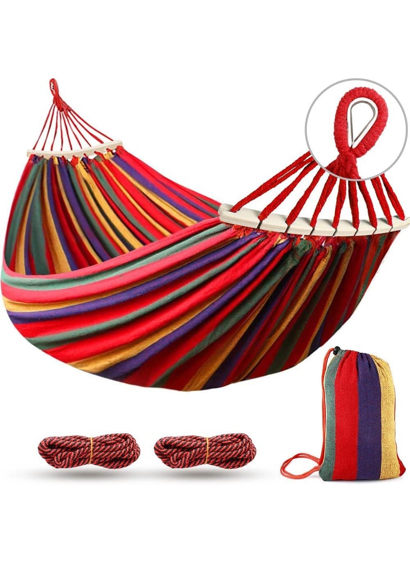 Single Camping Hammock Durable Canvas Fabric with Two Anti Roll Balance Beam and Sturdy Metal Knot Tree Straps for Backpacking Travel Beach Backyard etc Red