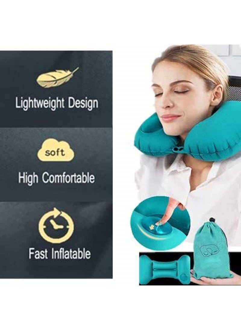 HEBEZON Automatic Push Button Inflatable Type Comfortable Travel Backpack Pillow UShaped Air Pillow for Outdoor Travelling and Picnic Neck Rest Pillow Velvet Neck Pillow Finger Teal