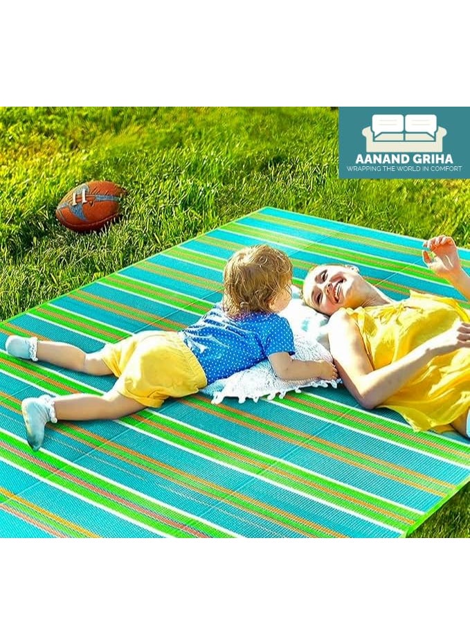 Aanand Griha Striped Outdoor Picnic Mat Chatai Plastic Mat for Floor Plastic Mat Floor Mat Plastic Chatai with Handles Set of 1 240 cm x 150 cm Blue 3x6