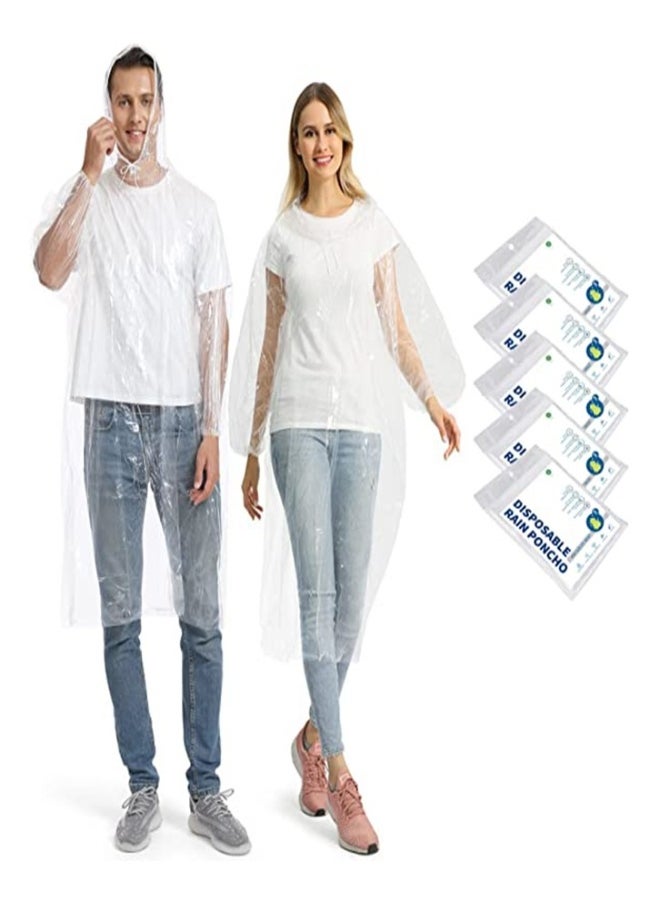 5-Pack Disposable Rain Ponchos for Adults, Clear Raincoat with Drawstring Hood and Elastic Sleeves, Ideal for Travel, Outdoor Activities, Hiking, and Emergencies (White)