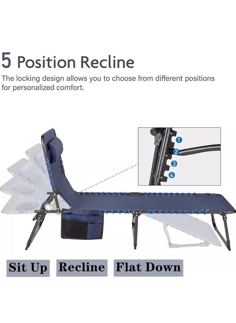 NYTRYD Garden Lounger 5Step Adjustable Lounger Camping Lounger Foldable with Side Pocket and Carrying Strap Beach ChairPortable Heavy Duty Lay Flat Reclining Foldable Camping Cot NY02