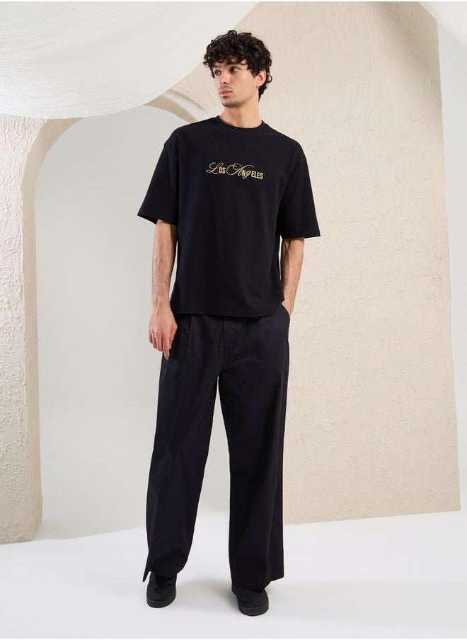 Slogan Embroidered Dropped Shoulder Oversized T-Shirt