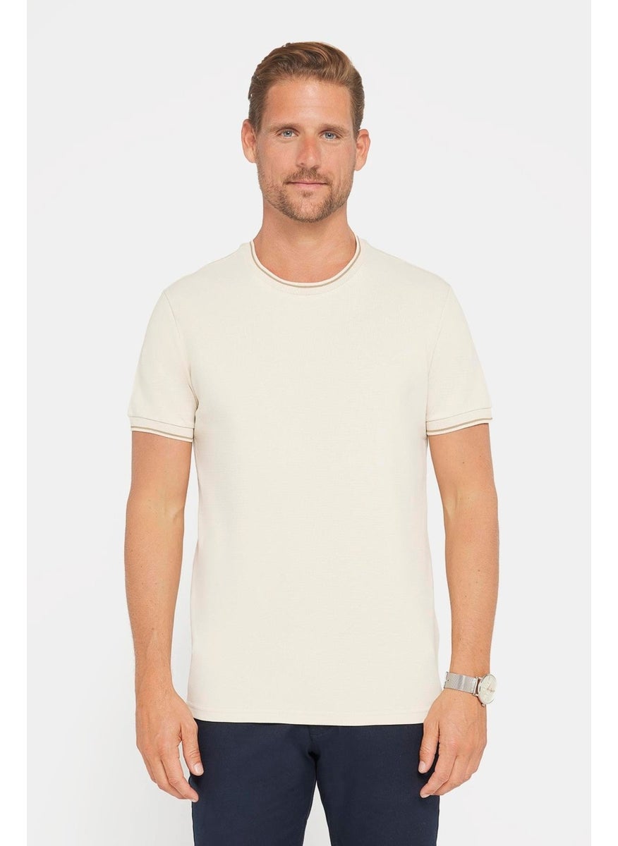 Men's Slim Fit Slim Cut 100% Cotton Plain Pique Stone Color Crew Neck T-Shirt