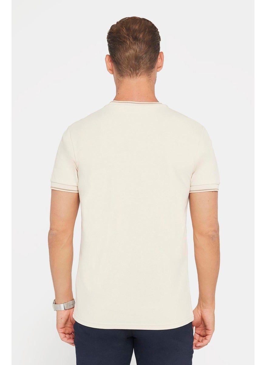 Men's Slim Fit Slim Cut 100% Cotton Plain Pique Stone Color Crew Neck T-Shirt