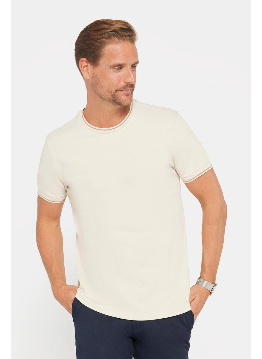 Men's Slim Fit Slim Cut 100% Cotton Plain Pique Stone Color Crew Neck T-Shirt