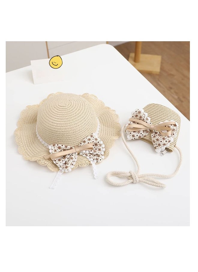 Summer Straw Sun Hat, 2 Pcs Wide Brim Reversible Bowknot Beach Hats, with Crossbody Bags, Summer Beach UV Protection Beach Cap, Sun Visor Hat & Straw Bag for 2-7 Years Kids, Beige