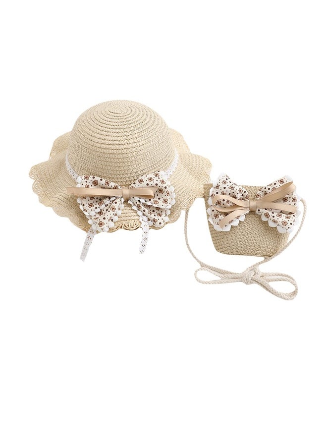 Summer Straw Sun Hat, 2 Pcs Wide Brim Reversible Bowknot Beach Hats, with Crossbody Bags, Summer Beach UV Protection Beach Cap, Sun Visor Hat & Straw Bag for 2-7 Years Kids, Beige